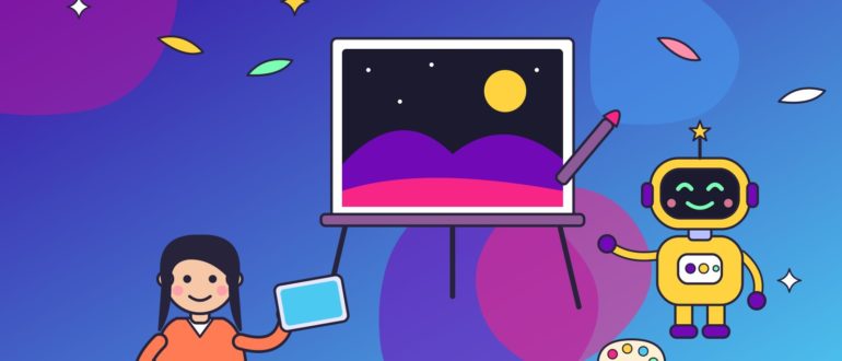 Художница с планшетом и робот с кистью стоят у мольберта, на холсте фантастический пейзаж, вокруг летают цветные мазки